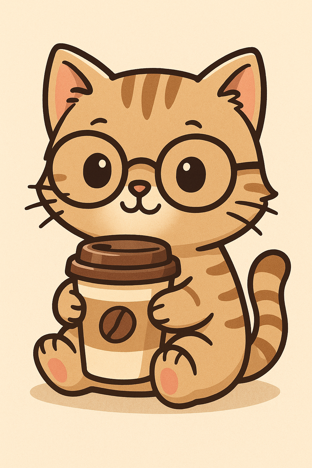 Imagem de um gatinho fofo usando óculos e segurando uma xícara de café